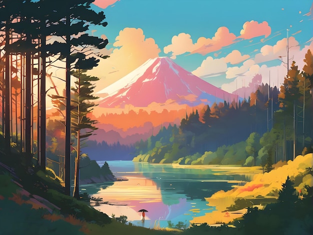 il fiume al tramonto e le silhouette degli alberi in montagna