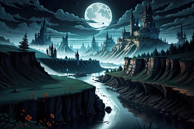 Il fiume con la luna sullo sfondo di un paesaggio bizzarro