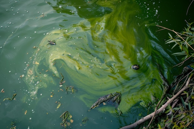 Il fiume è inquinato da rifiuti industriali l'acqua è verde e viscosa e ci sono pesci morti che galleggiano in superficie