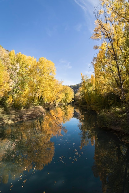 Il fiume Jucar in autunno a Cuenca, Castilla La Mancha in Spagna. Paesaggio autunnale con alberi pieni