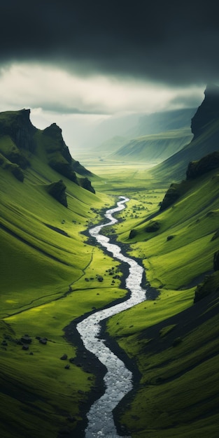 Il fiume verde futuristico che scorre attraverso il paesaggio islandese