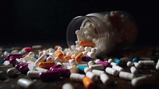 Il flacone della pillola con prescrizione cade su un mucchio di stupefacenti con tecnologia di intelligenza artificiale generativa