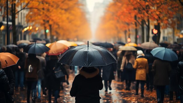 il flusso di persone con ombrelloni in una strada pedonale, il clima autunnale della città