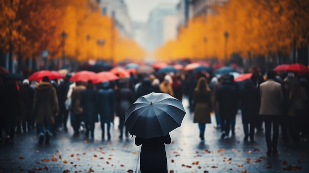 il flusso di persone con ombrelloni in una strada pedonale, il clima autunnale della città