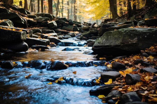 Il flusso di un ruscello di montagna nella foresta autunnale