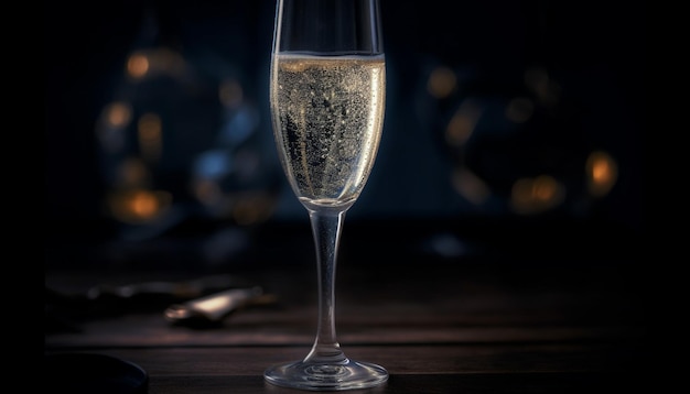 Il flute da champagne di lusso riflette una brillante celebrazione nell'elegante sfondo del bar generato dall'intelligenza artificiale