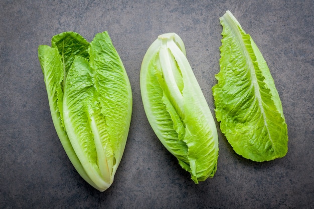 Il fondo dell&#39;alimento e il concetto dell&#39;insalata con il piano cos fresco della lattuga mettono su fondo di pietra scuro