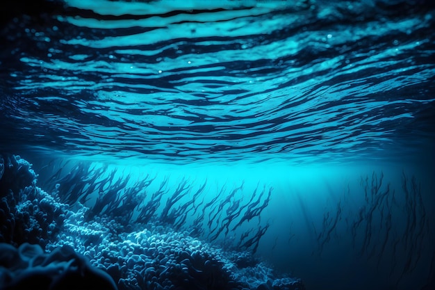 Il fondo dell'oceano è di un colore blu intenso con sopra la parola oceano.