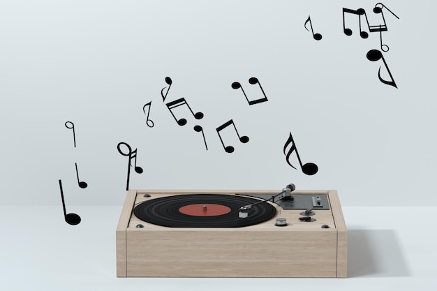 Il fonografo con sfondo bianco riproduce musica rendering 3d