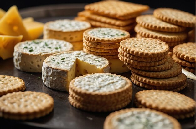 Il formaggio e i cracker disposti in modo ordinato su un vassoio da servire