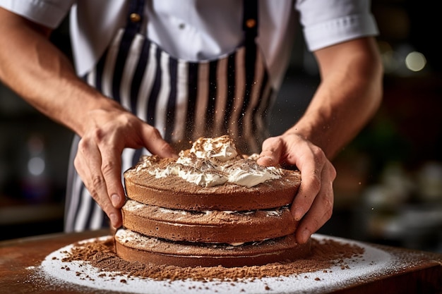 Il fornaio spruzza la polvere di cacao su una torta di tiramisu