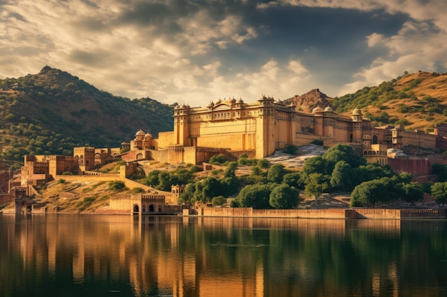 Il forte di Amber a Jaipur Rajasthan India Fort di Amber e il lago Maota Jaipur Rajasthan India Generato da AI