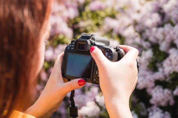 Il fotografo guarda lo schermo della fotocamera su un fiore naturale. Bella donna felice dello zenzero con la macchina fotografica.