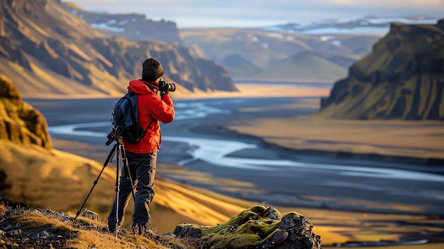 Il fotografo in piedi su una roccia nel mezzo di una catena montuosa guardando verso il basso un fiume sotto il cielo è limpido e il sole splende