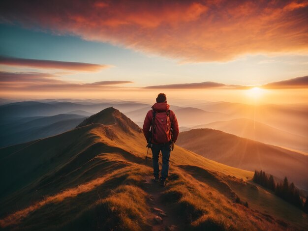 Il fotografo in viaggio ammira la bellissima alba sulla cima dei monti Carpazi