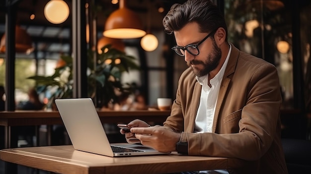 Il freelance moderno Un uomo d'affari europeo che abbraccia l'imprenditoria digitale in un elegante caffè A