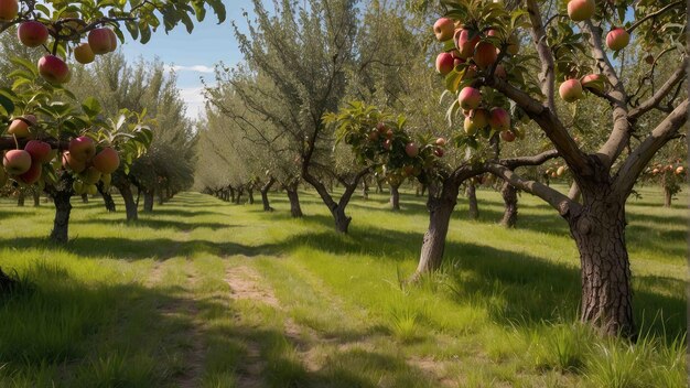 Il frutteto di mele in piena fioritura sotto il cielo blu