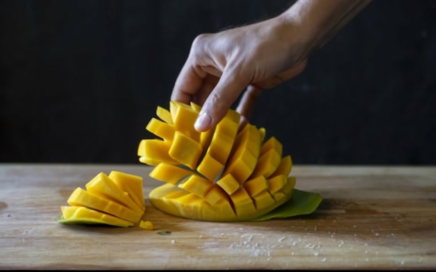 Il frutto del mango che viene tagliato