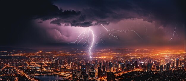 Il fulmine colpisce la città di notte.