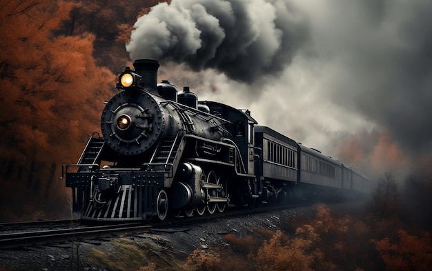 Il fumo di un vecchio treno a vapore dal camino IA generativa
