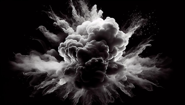 Il fumo esplode su uno sfondo nero scuro spazio vuoto al centro effetto nebbia Generativo A