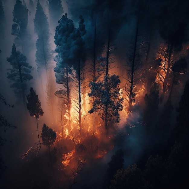 Il fuoco degli incendi boschivi distrugge il disastro naturale degli alberi