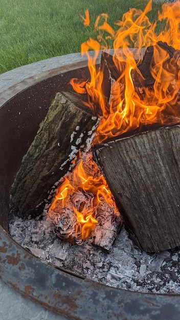 Il fuoco del campo brilla con tronchi e braci ardenti all'aperto