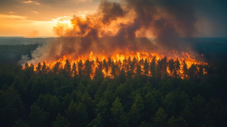 Il fuoco della foresta al tramonto