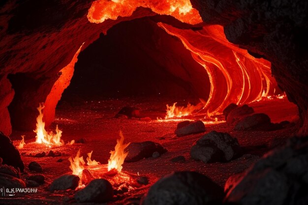 Il fuoco della lava si è diffuso sulla montagna, la lava ha rotto la carta da parati con uno sfondo più scuro, l'esplosione del fuoco sulla pietra.