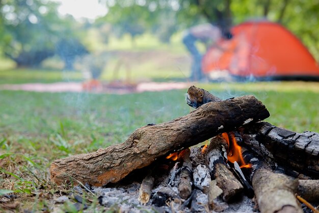 Il fuoco è stato bruciato durante il picnic con cestino di vimini da picnic