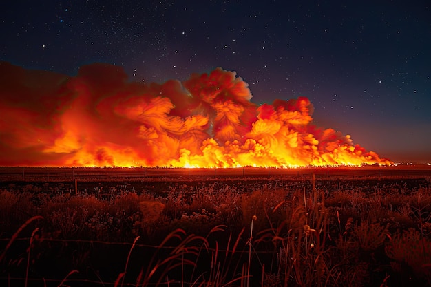 Il fuoco furioso consuma l'erba e gli alberi Le alte fiamme del fuoco illuminano il cielo notturno