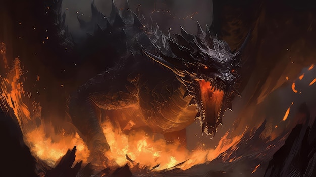 Il fuoco sputa esplodere da un drago gigante in una notte nera Generative Ai