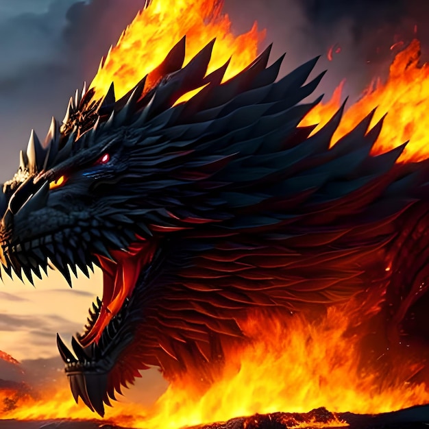 Il fuoco sputa esplodere da un drago gigante in una notte nera l'epica battaglia malvagia concept art