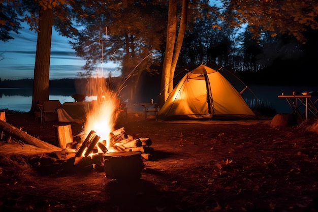 Il fuoco tremolante nella notte proietta ombre danzanti sugli alberi circostanti