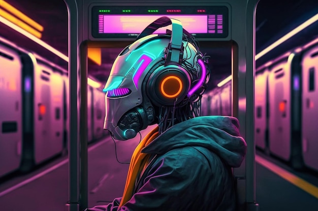 Il futuristico robot al neon cyborg ascolta la musica con le cuffie nell'illustrazione della metropolitana AI generativa