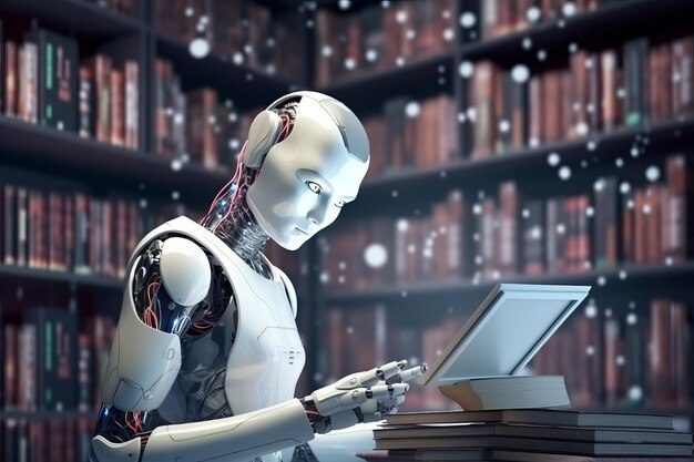 Il futuro dell'apprendimento AI Robot si impegna con i libri nella biblioteca sostenendo l'IA generativa e la tecnologia