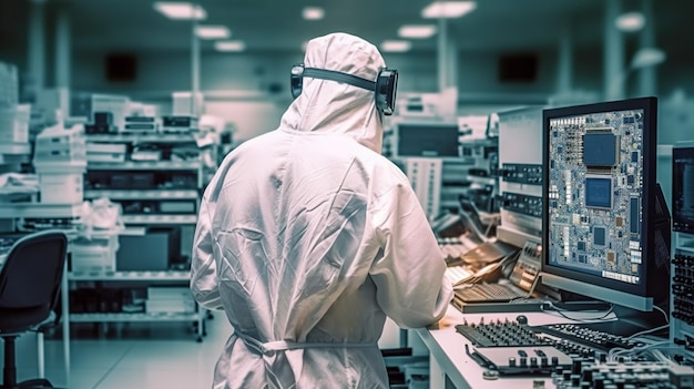 Il futuro della tecnologia Ingegnere che lavora in un laboratorio elettronico all'avanguardia Clean Room IA generativa