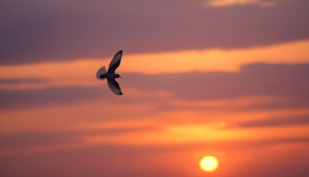 Il gabbiano vola contro lo sfondo del tramonto