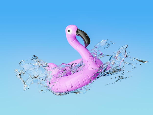 Il galleggiante rosa della piscina Flamingo spruzza nell'acqua contro uno sfondo blu