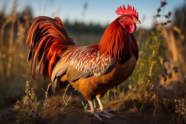 Il gallo decorativo Sunrise Sentinel nella fattoria rurale di Sunny