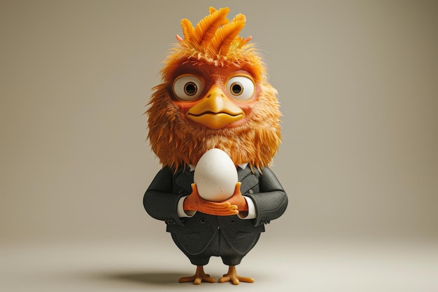 Il gallo è un uomo d'affari con un uovo illustrazione 3D
