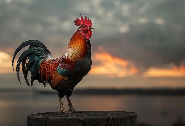 Il gallo in piedi sul tronco con il tramonto sullo sfondo