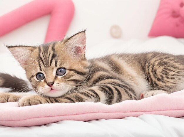Il gattino carino giace sul letto godendosi il riposo