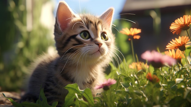 Il gattino carino guarda i fiori