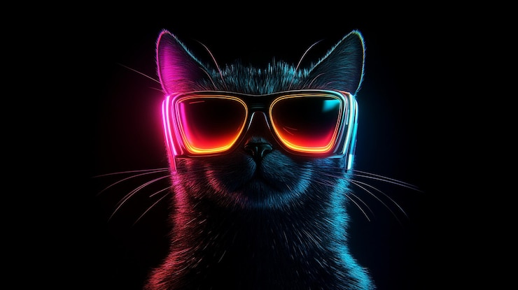 Foto il gatto al neon con gli occhiali da sole è un ritratto di animale domestico cyberpunk