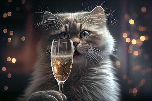 Il gatto alza un bicchiere di champagne per il nuovo anno