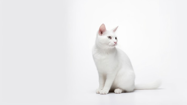 Il gatto bianco con gli occhi azzurri si siede su uno sfondo bianco