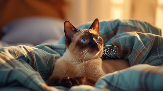 Il gatto birmano sudato giace a letto a casa e guarda da un'altra parte.