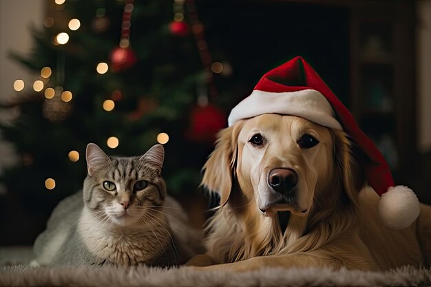 Il gatto britannico giace vicino all'albero di Natale con una ghirlanda