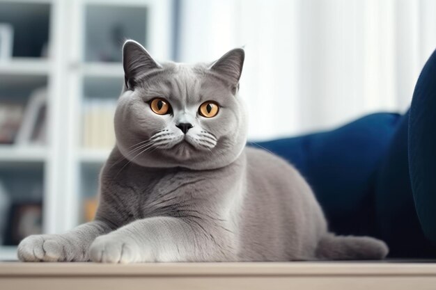 Il gatto British shorthair è seduto sul divano con intelligenza artificiale generativa